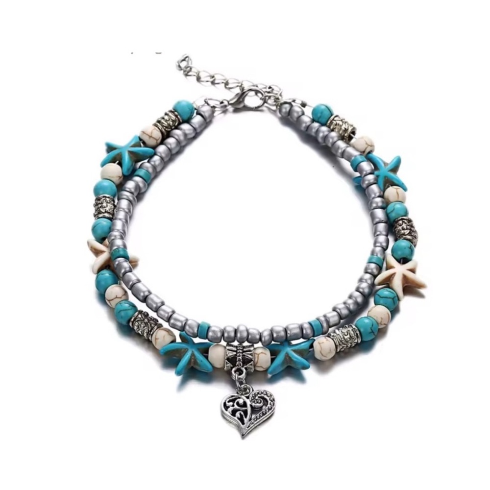 Turquoise and Silver Starfish Charm Anklet
